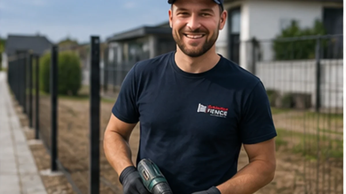 Danish Fence montør med værktøj ved panelhegn
