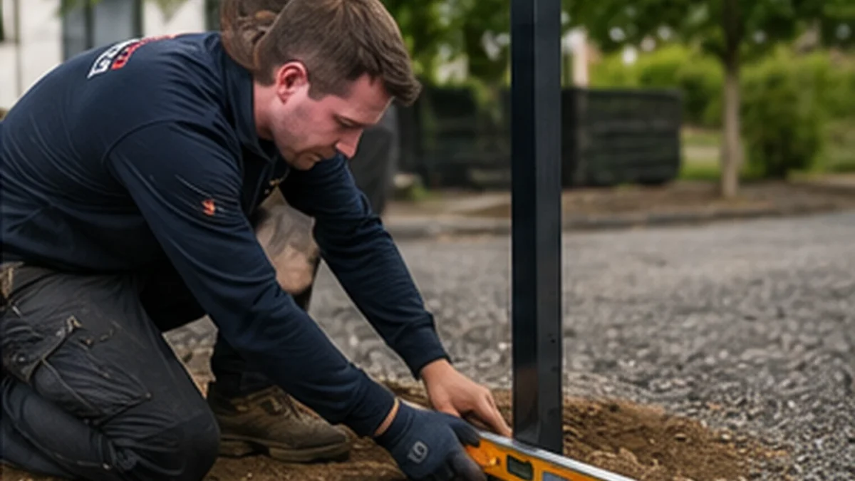 Montør nivellerer hegnsstolpe under installation