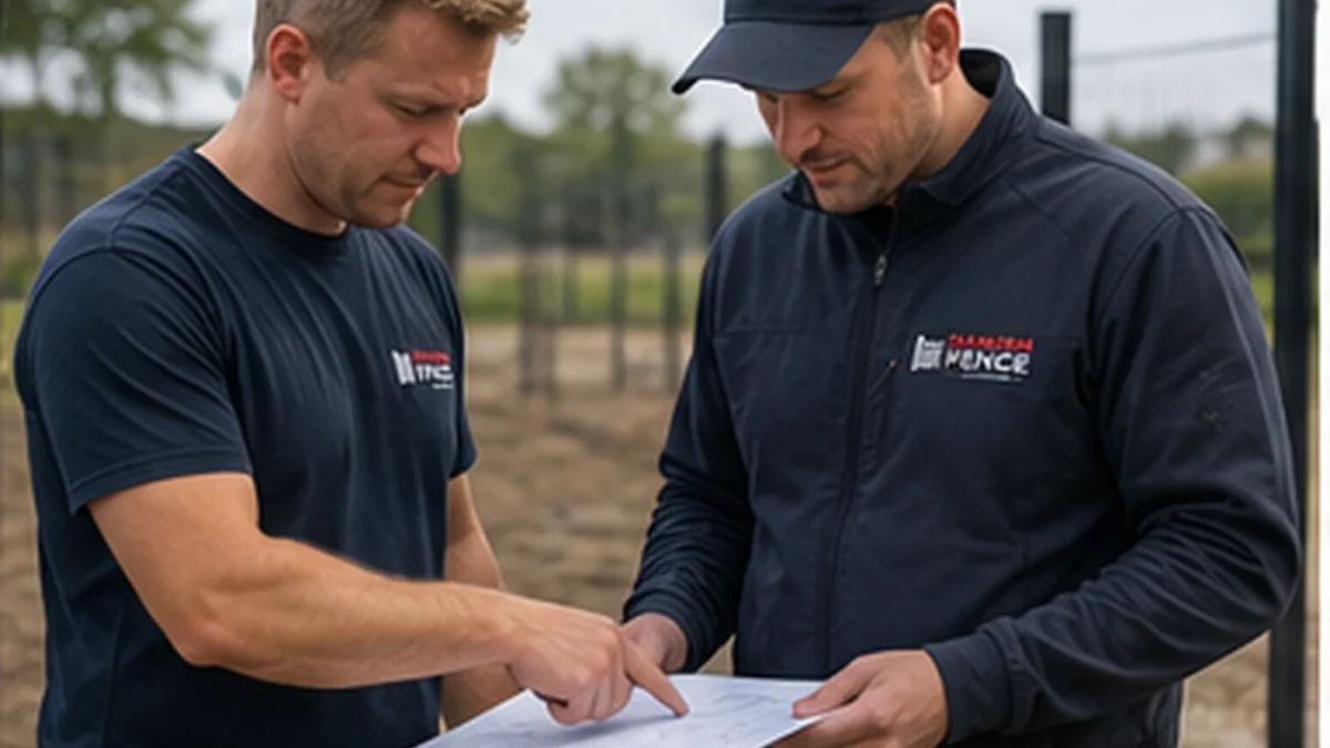 Danish Fence montører gennemgår mål og montageplan