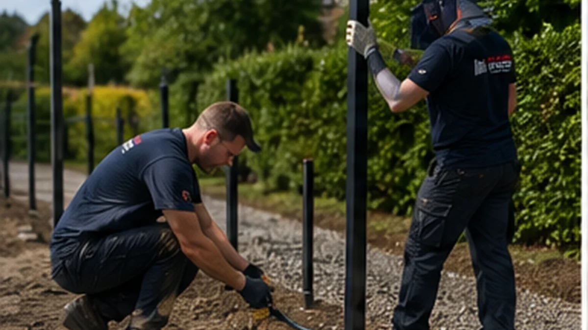 Montageteam måler og klargør hegnsstolper