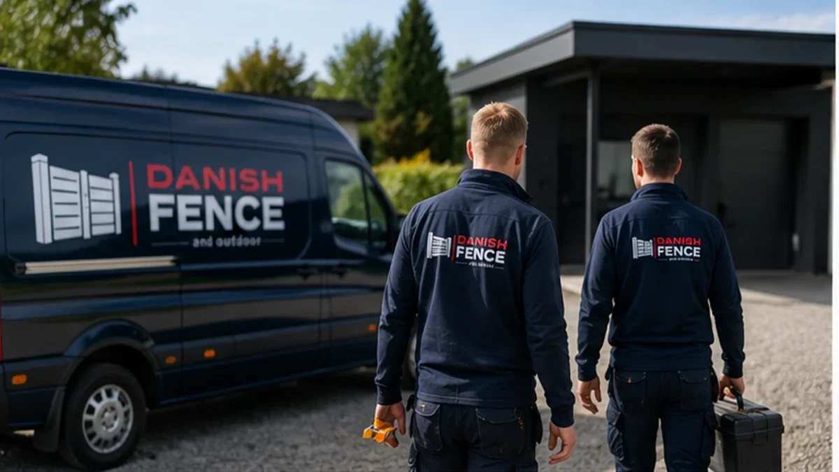 Danish Fence montageteam ved firmabil før hegnmontage
