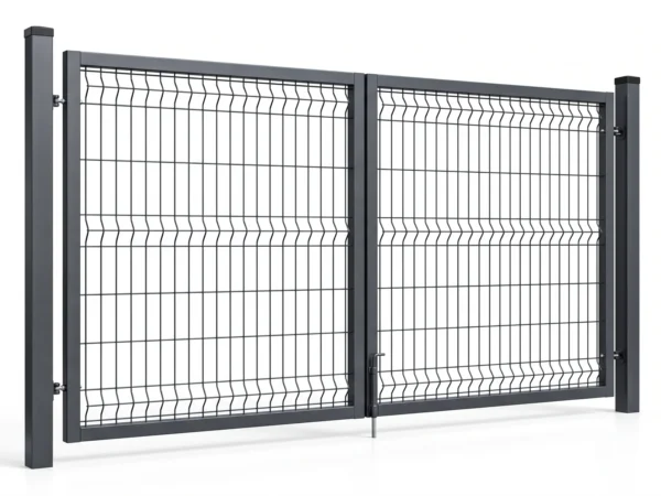 Dobbeltport til panelhegn i antracit med 3D-panel, hængsler og rigel