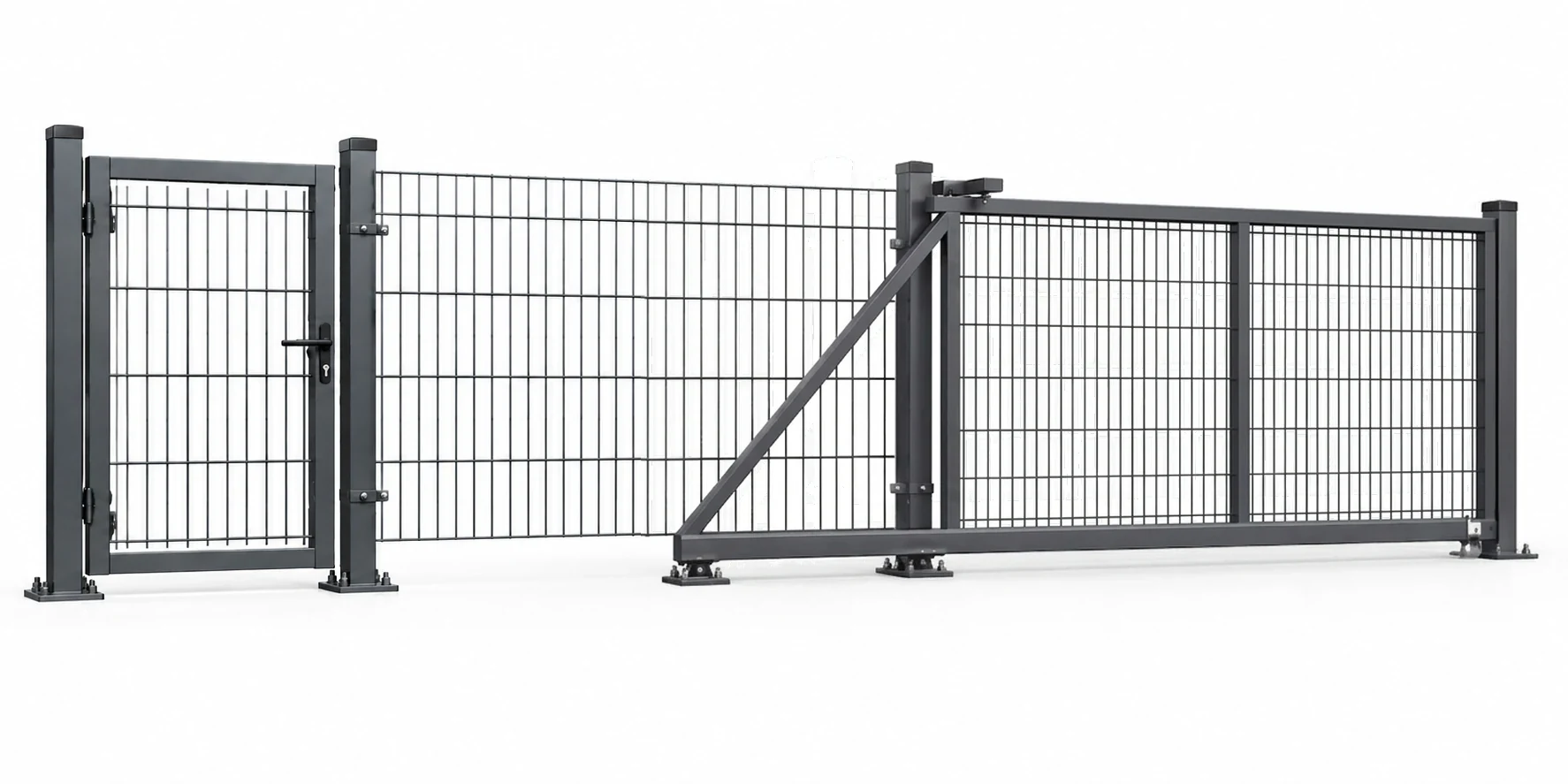 2D panelhegn-system med låge, panel og selvbærende skydeport